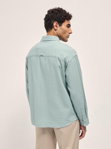 Image of THE BEAR HOUSE Men Pure Cotton Textured Relaxed Fit Overshirt