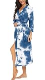 PrinStory Damski szlafrok kąpielowy z rękawami 3/4, szlafrok poranny, dekolt w serek, kimono, długi szlafrok nocny, Tie-Dye niebieski, XL