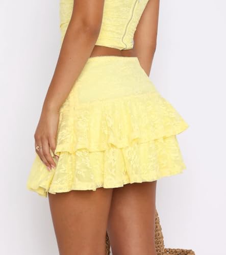 Women Y2k Lace Mini Skirts Low Elastic Rise Ruffle Half Slip Skirt Pleated Layered Flowy Short Skirt Streetwear2