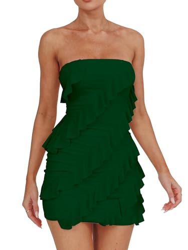 stunning tube top dress bodycon ruffle sleeveless party - dark green
