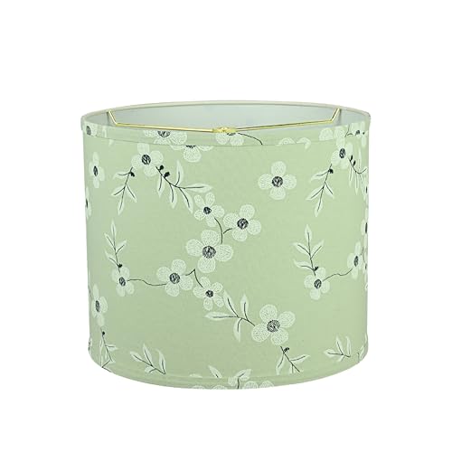Image of Aspen Creative 31102 Transitional Drum (Cylinder) Shaped Spider Construction Lamp Shade in Tea Green with White Flowers Print Fabric, 12 inch Wide (12 inch x 12 inch x 10 inch)