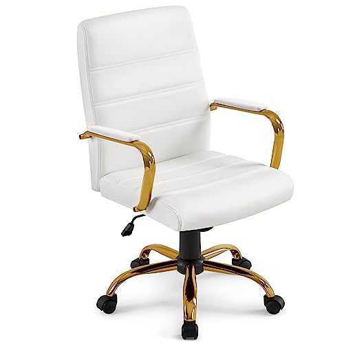 Yaheetech Sedia Scrivania Ufficio Ergonomica Ecopelle Girevole Reclinabile Imbottita con Rotelle e Braccioli Altezza Regolabile Portata 130 kg Bianco/Oro