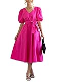 Rooscier Women's V Neck Puff Short Sleeve Tie Waist Ruched Ruffle A Line Belted Midi Dress Rose Medium