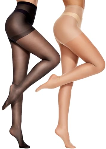 CozyWow 2 Pack Sheer Pantyhose for Women, Ultra Thin Control Top Tights, 20 Denier Tights Hosiery Stockings with High Waist