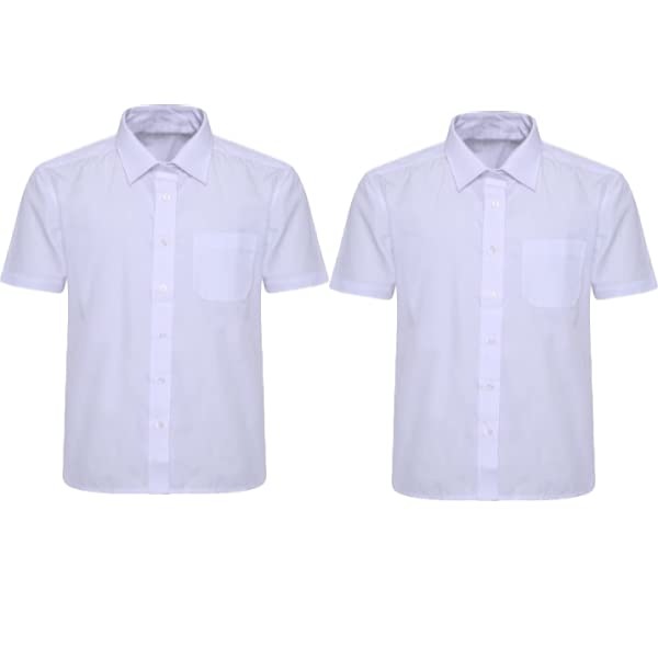 ASD Accessories Uniforme escolar de manga corta, paquete de 2 camisas para niños, color blanco y azul, talla del Reino Unido de 2 a 18 años