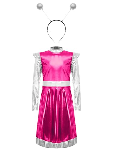 Aiihoo Disfraz de Halloween para niños y niñas, disfraz de alien, manga larga, vestido metálico con diadema, disfraz holográfico de carnaval, rosa claro, 170/176 cm