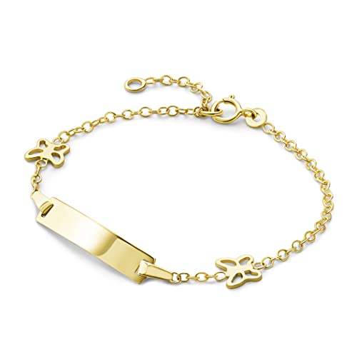 MIORE Bijoux pour Enfants Gourmette Identité avec Plaque à Graver et 2 Papillons Bracelet avec Chaîne en Or Jaune 9 carats / 375 Or, longueur réglable de 12 à 14 cm