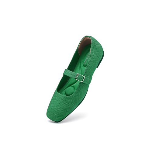 Women Knit Square Toe Ballet Flats Mary Jane Shoes with Adjustable Straps Slip On Comfortable Washable Office Casual Dressy Flat