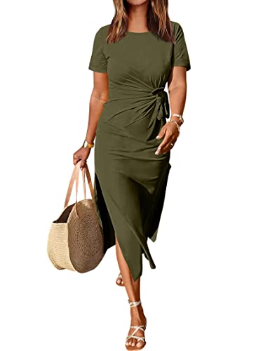 ANRABESS Women's 2026 Summer Maxi Tshirt Dress Short Sleeve Crewneck Tie Waist Casual Slim Fit Slit Spring Long Beach Dresses