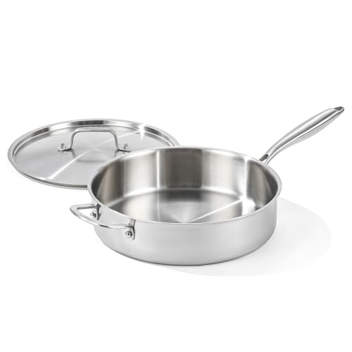 DELARLO 7QT Saute Pan Jumbo Cooker Tri-Ply Stainless Steel Pan, 12Inch Deep Frying Pan with Steel cover, Kitchen Large Skillet,Heavy Duty Style Compatible With All Cooktops Up to 650?