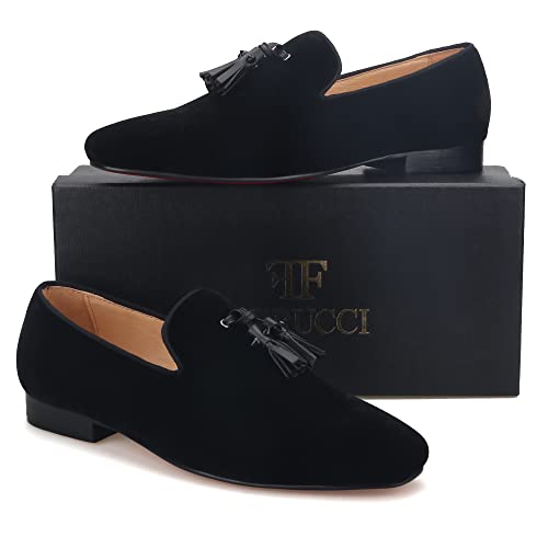 FERUCCI Men Plain Black Velvet Spiked Tassel Slippers Loafers Flats Prom Wedding2