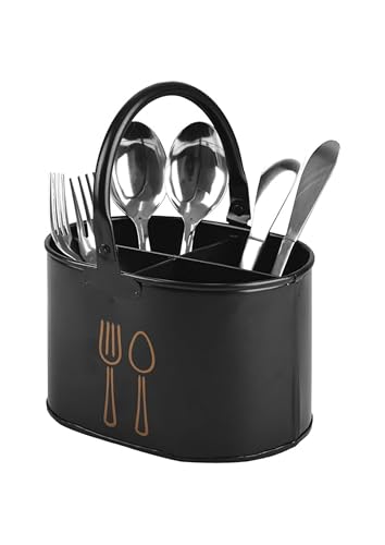 Image of D&G Homes Metal Cutlery Holder for Kitchen, Spoon Stand for Dining Table | Multi-Compartment Organizer | Rust-Resistant | Compact & Stylish | Kitchen & Dining Use| Easy to Clean| 17x12x10cm | Black
