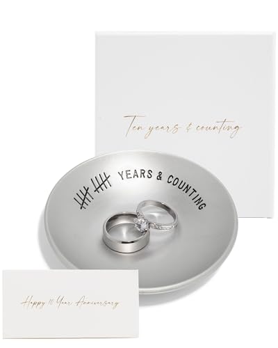 PureRejuva 10th Anniversary Tin Gifts – 4 In., Engraved, Aluminum Wedding Ring Holder Dish & Gift Box – 10 Year Wedding Gift for Him & 10 Year Anniversary for Her Smooth Style