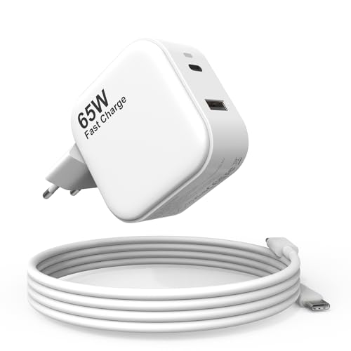 Jippofu Cargador USB C 65W Fuente de Alimentación 2 Puerto PD 3.0 Adaptador Universal Charger Cable Compatible con iPhone iPad Macbook Galaxy Huawei Xiaomi Redmi OPPO Vivo Lenovo HP DELL ASUS Acer