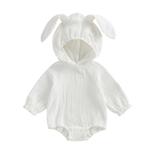 Aiwpstoin Newborn Baby Easter Outfit Girl Boy Bunny Ear Hoodie Long Sleeve Bubble Romper Cute Infant Spring Clothes (White 3-6 Months)