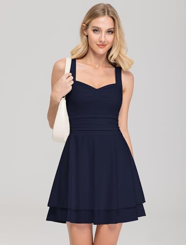 Image of IWD Women's Square Neck Sleeveless Mini Dress Ruched Waist Tiered Ruffle Hem A Line Short Dresses