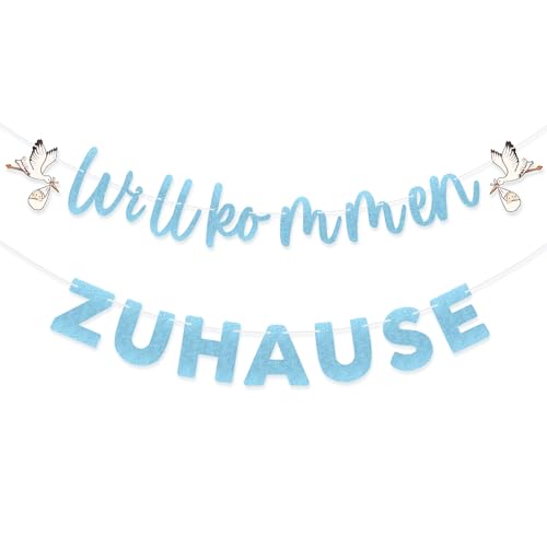 G2PLUS Aufgefädelt Willkommen Zuhause Girlande: Glitzer Blau Willkommen Baby Banner mit Weißstorch Neugeborenes Papier Girlande für Jungen Geburt Heimkehr Party Deko