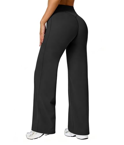 Comper Wide Leg Yoga Pants for Women Athletic Straight Leg Pants High Waist Sweatpants Workout Casual Loose Trousers（Black-S）