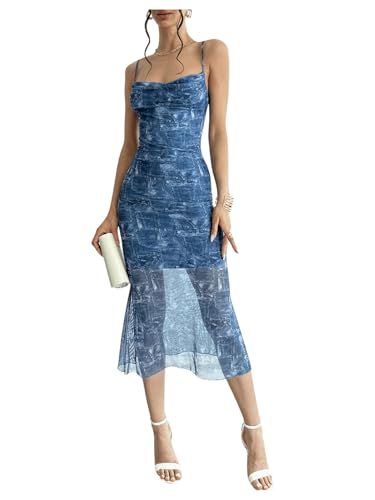 Image of GORGLITTER Women's Floral Wedding Guest Derby Midi Dress Cocktail Summer Boho Beach Going Out Fishtail Sun Dresses Blue X-Small