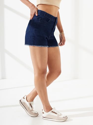 Image of Dolce Crudo Women's Relaxed Fit Mid-Rise Denim Shorts with Adjustable Waist & Frayed Hem