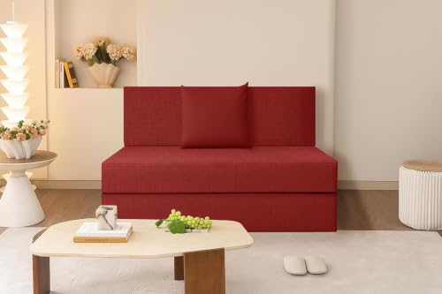 Image of Rosebell 1-Person Jute Sofa Cum Bed in Red-Removable Washable Cover + One Cushion | 3 X 6 Ft Size | Great for Guests at Home or Office