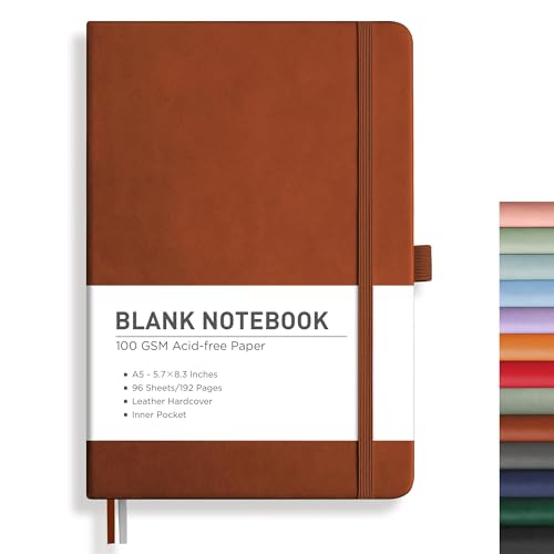 Image of RETTACY Blank Journal Notebook, 192 Pages, A5 Medium Size (5.7'' x 8.3'') | Leather Hardcover, 100 GSM Thick Paper, for Sketching, Drawing, Painting (Brown)