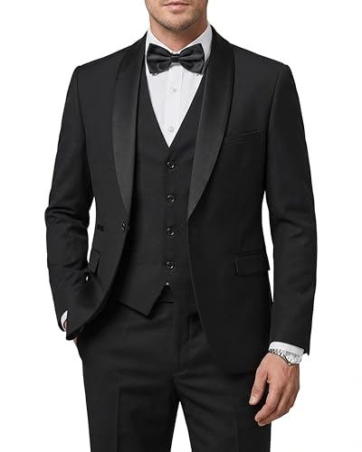 Hihawk Men's 3 Piece Slim Fit Solid Tuxedo with Stretch Fabric, One Button Shawl Collar Jacket Vest Pants with Bow Tie. Black Medium