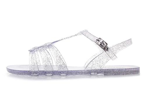 Women Sandals Jelly Shoes Flats Size 9 Beige T-Strap Crystal Jellies Slides Clear Rain Slippers Glitter Summer Beach Retro4