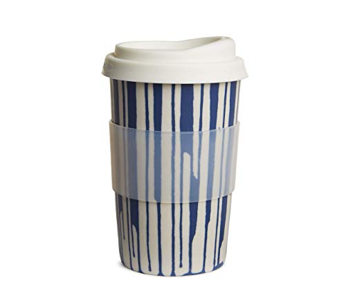 Handmade ceramic to-go/travel cup for home, car or coffee shop use. Silicone lid and cuff, porcelain body. dishwasher proof. 12-14 oz. (White with blue stripes)
