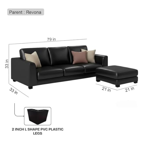 Image of FURNY Revona 4 Seater L Shape Sofa Set with Movable Ottoman | Flexible Left or Right Layout | Premium Leatherette Upholstery (Black) | Perfect for Living Room, Guest Room & Office