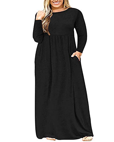 AUSELILY Women's Solid Plain Black Maxi Dress Plus Size Long Sleeve (22W,Black)