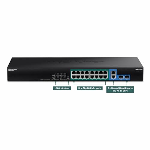 Image of TRENDnet 18-Port Gigabit PoE+ Switch, TPE-TG182F, 16 x Gigabit PoE+ Ports, 2 Gigabit SFP Ports, 440W PoE Budget, 36Gbps Switching Capacity, 1U 19 inch Rack Mountable, Lifetime Protection, Black