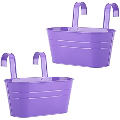 2pcs Metal Hanging Flower Pots Balcony Plant Holder with Detachable Hook Balcony Flower Bucket Wall Planter For Fence Deck Balcony Garden Clay Home Decor - Purple Cover