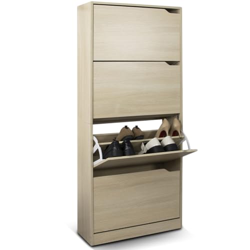 BAKAJI Scarpiera Portascarpe in Legno MDF con 4 Ante Porta Scarpe a Ribalta Maniglie a Scomparsa Doppia Profondità Dimensioni Compatte Slim 63 x 24 x 150 cm Salvaspazio Ingresso Casa (Olmo)