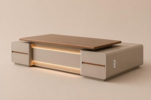 Image of Modern Luxury Executive Office Desk with Side Storage Unit, Premium Wooden Manager Table for CEO Cabin, Contemporary Office Furniture with LED Panel Design (LDL-889 MDFL L8W3)