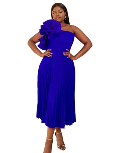 Image of AOMEI Women's One Shoulder 3D Flower Sleeveless High Waist Pleated A Line Long Dress Party Summer