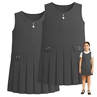 SchoolStitch® Girls School Uniform Plain Pinafore Dress, Pack of 2 Round Neck Sleeveless Heart Zip Girls Dress, Pleated School Pinafore for Girls with Two Button Front, Ages 2-16 Grey