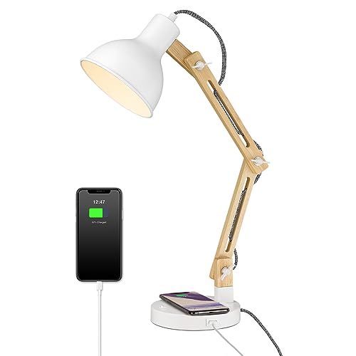 ELYONA Schreibtischlampe Weiß Holz mit Induktiver Ladestation & USB-C, Sapeli Massivholz Tischlampe, Skandinavische Leselampe für Büro & Schlafzimmer, Inkl. 3-Farben LED, Modernes Design