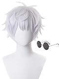 LeMarnia Black Glasses and Off-White Plush Wig for Gojo Satoru Cosplay Halloween Costume Party Wig