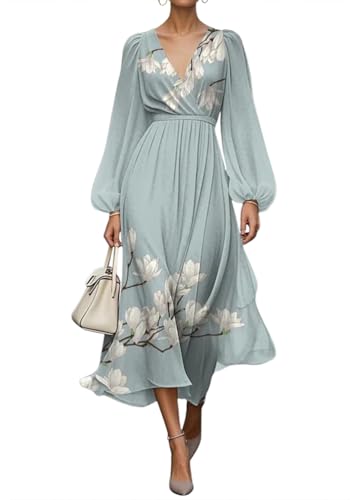 shownicer Damen Kleider Elegant Kleid Lang Blumendruck Musselin Kleid V Ausschnitt Wickelkleid Langarm Herbstkleid Vintage Midikleid A Grün2 L
