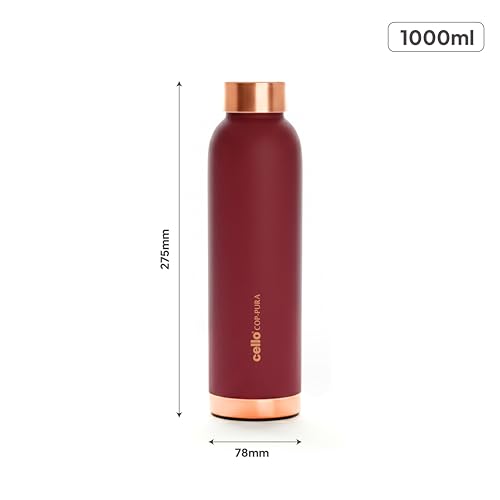 Image of CELLO Evita Copper Water Bottle For Daily & Office Use 1000 ml, Red | Leakproof & Rustproof ISI Certified Single Wall 100% Pure Copper Promotes Immunity, Improve Digestion & Supports Healthy Living