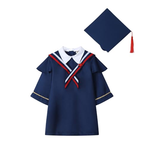 Generisch Bata de soltero con sombrero de soltero, borla, bata, manga larga, ligera, talar, graduado, vestido de graduación, disfraz para niños y niñas, uniformes escolares unisex, azul marino, 120