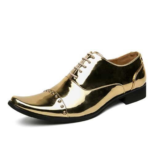 Men's Studded Patent Leather Chelsea Oxfords Fashion Pointed Toe Lace Up Comfortable Block Heel Tuxedo Shoes for Party Business Office Dress Shoes
