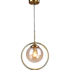 Hobaca® E27 Cercle Cuivre Or Verre ambré nordique Moderne Suspension lumineuse Lampe suspendue Luminaire de cuisine Salle à manger Hanglamp Salon Lampe à suspension
