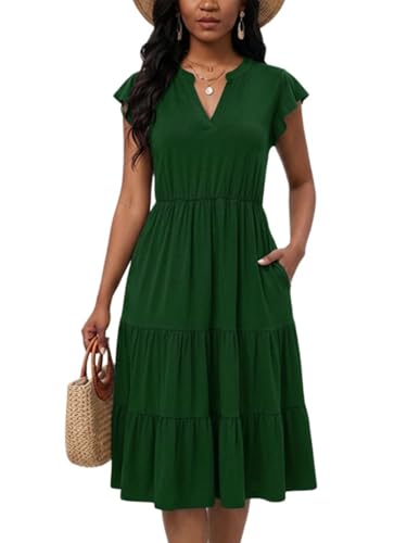 Image of Womens Summer Dress Ruffle Sleeve V Neck Midi Dresses Casual Fit Flowy Tiered Boho Beach Vacation Sundress