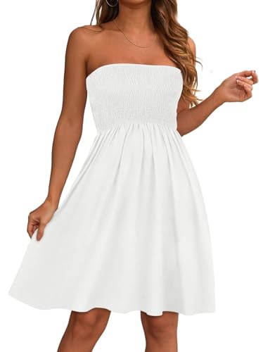 elescat Summer Dresses for Women Strapless Casual Beach Cover Ups Tube Top Sundress（White, L