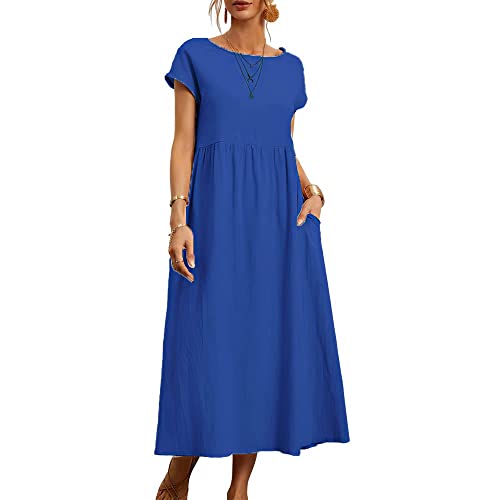 LOAIHA Women Casual Loose Dresses with Pockets Short Sleeve Summer Beach Swing Dress X-Large Blue