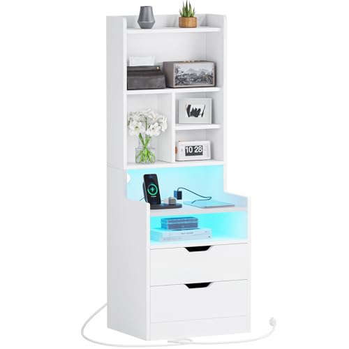 ADORNEVE Tall Night Stand with Charging Station and LED Lights White Nightstand with Bookshelf Bedside Table with Drawers & Power Outlets End Side Table for Bedrooms