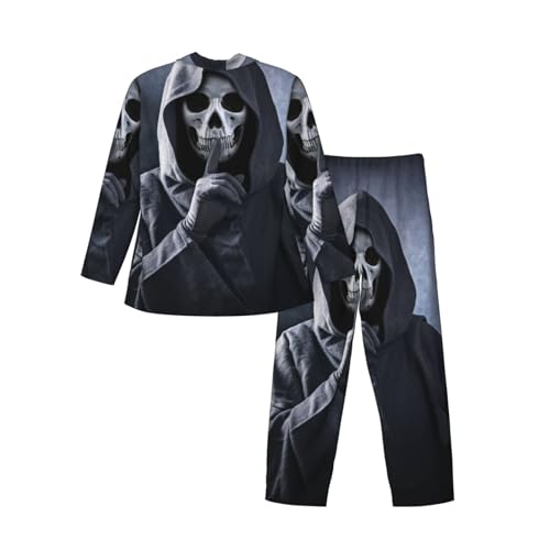 Grim Reaper Showing Hush Sign Mens Pajamas Set Button Down Sleepwear Set Long Sleeve Loungewear With Pockets4