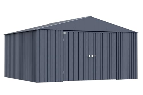 Image of Arrow Shed Elite 14' x 12' Tall Outdoor Steel Storage Shed with High Gable and Lockable Doors Storage Building, Anthracite